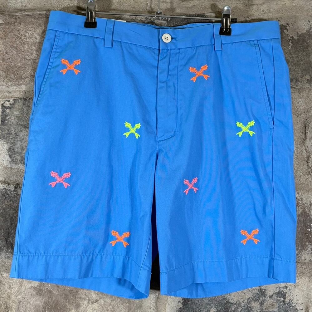 Vineyard Vines NWT Breaker Shorts 34 Blue‎ Fishbone Embroidered Cotton 9" Inseam